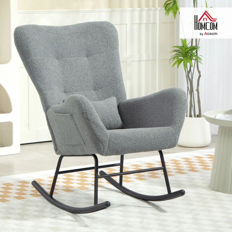 HOMCOM Rocking Chair, Fluffy Cover, Lumbar Pillow, Non-slip, Up to 120 kg, Gray
