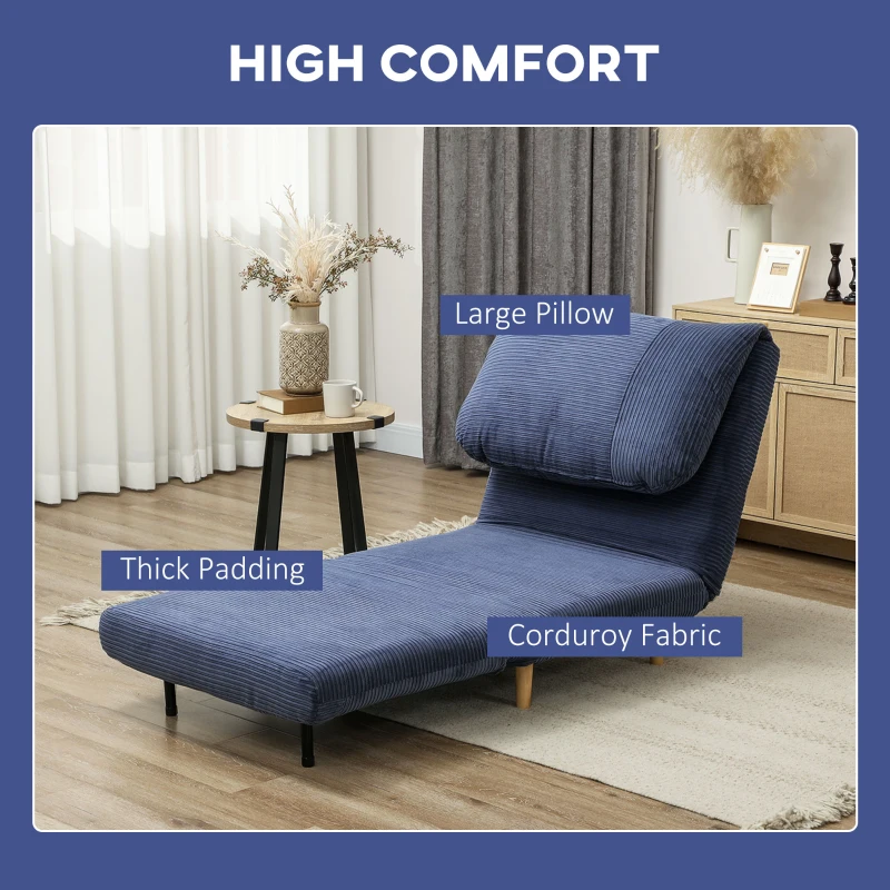 HOMCOM 2-in-1 Sleeper Chair Guest Bed, Adjustable Headrest Corduroy Fabric Blue 82 cm x 89 cm x 83 cm