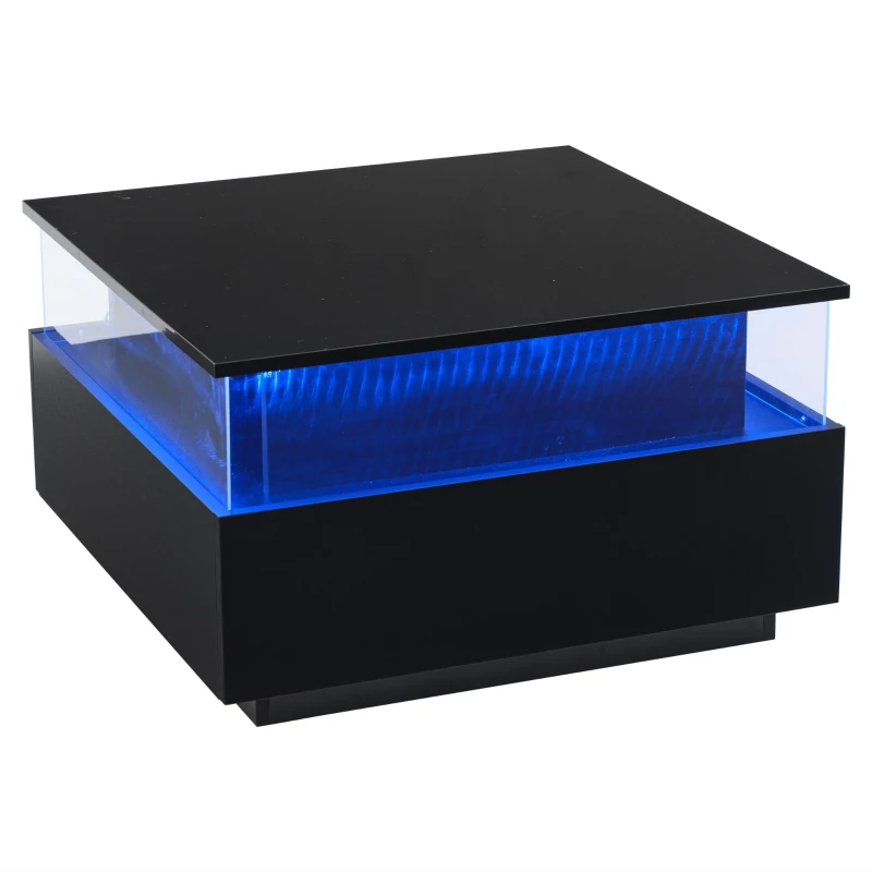 Modern LED Coffee Table with 2 Sliding Drawers and Smart App Control, Square Design, 70L x 70W x 41H cm, Black