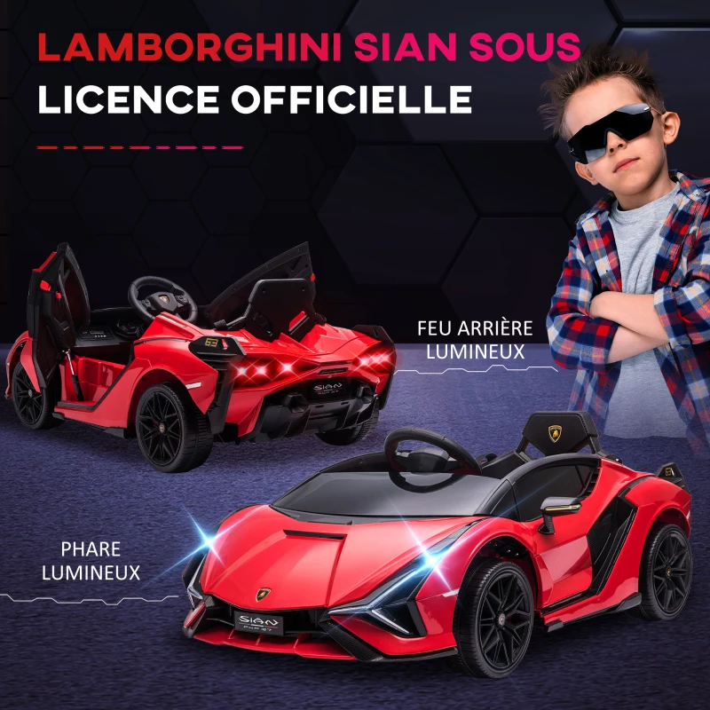 HOMCOM Voiture électrique Enfants de Sport Supercar sous Licence Lamborghini Sian 12 V - V. Max. 5 Km/h avec Télécommande 2,4G Effets sonores + Lumineux Rouge(m-7)