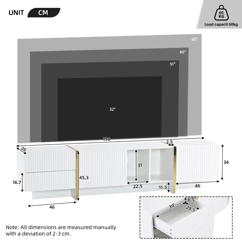 Modern TV Stand with Storage Cabinet for 85-Inch TV, Entertainment Centre with Open Shelves, 190L x 35W x 45H cm, White+Gold