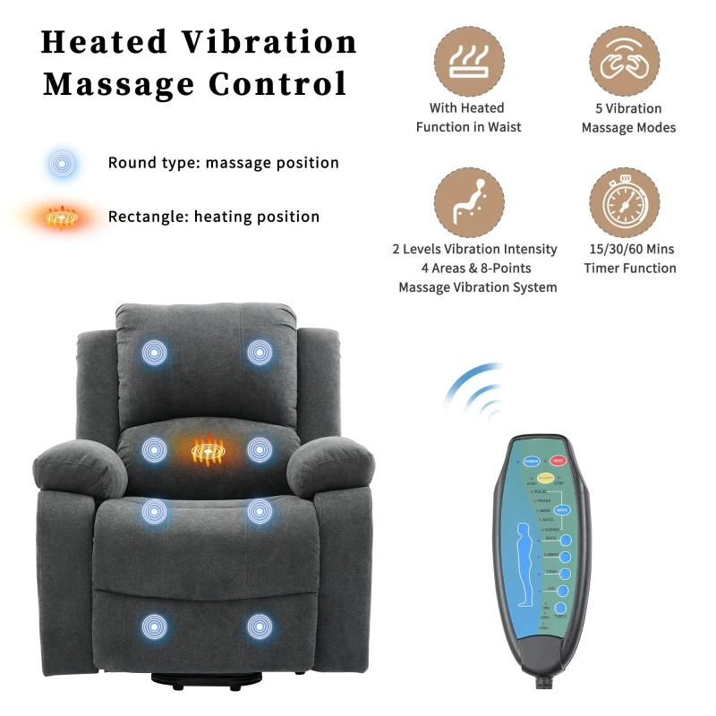 Power Massage Lift Recliner Chair with Heat and Vibration for Elderly, Heavy Duty Reclining Mechanism with Pockets, Cup Holders, Grey
