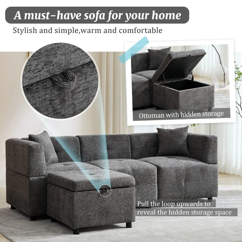 L-Shaped Sectional Sofa with Removable Storage Ottoman and 2 Pillows, Fabric Upholstery, 204L x 68W x 69H cm, Grey