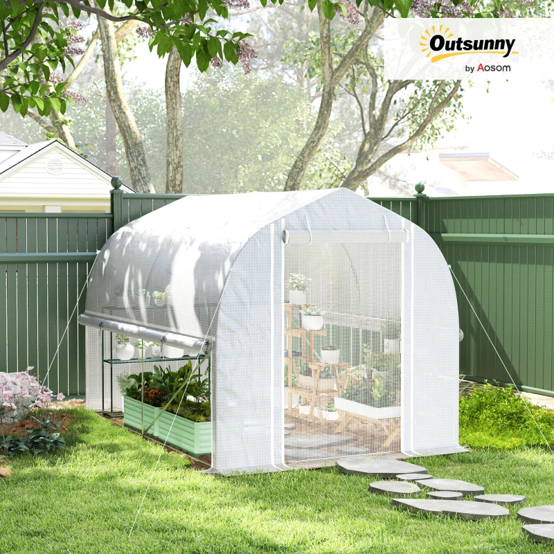 Outsunny 3 x 2 x 2 m Polytunnel Greenhouse with Roll-Up Side Walls, UV-Resistant Plastic Cover, and Steel Frame, White