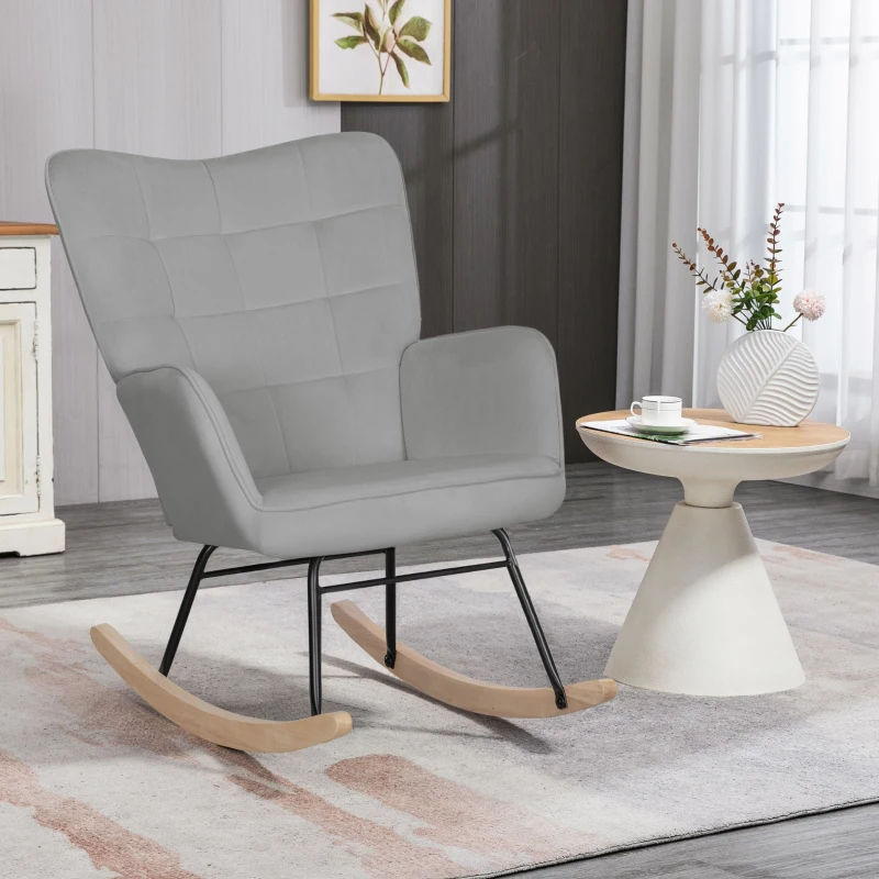 HOMCOM Rocking Chair, Thick Padding, Wide Backrest, Beech Wood/Steel Frame, Supports up to 120 kg, Light Gray(m-7)