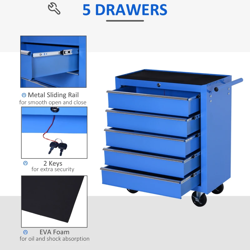 HOMCOM 5 Drawer Tool Chest on Wheels, Lockable Steel Tool Trolley with Side Handle for Workshop, Garage, Blue