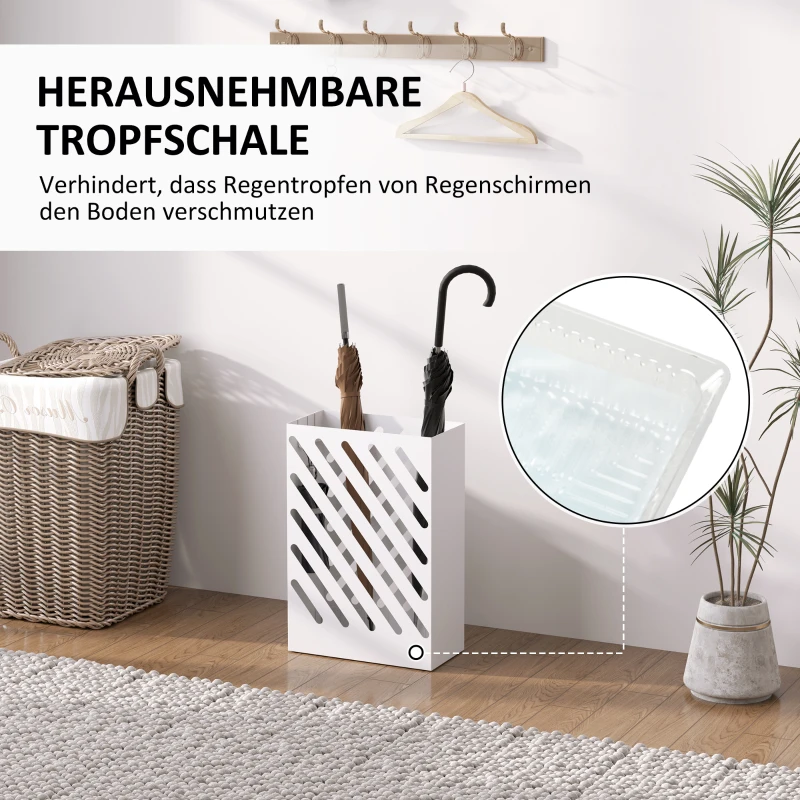 HOMCOM Regenschirmständer mit Tropfschale, 4 Haken, Stahl, 28L x 14B x 41H cm, Weiß(m-4)