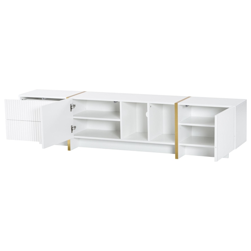 Modern TV Stand with Storage Cabinet for 85-Inch TV, Entertainment Centre with Open Shelves, 190L x 35W x 45H cm, White+Gold