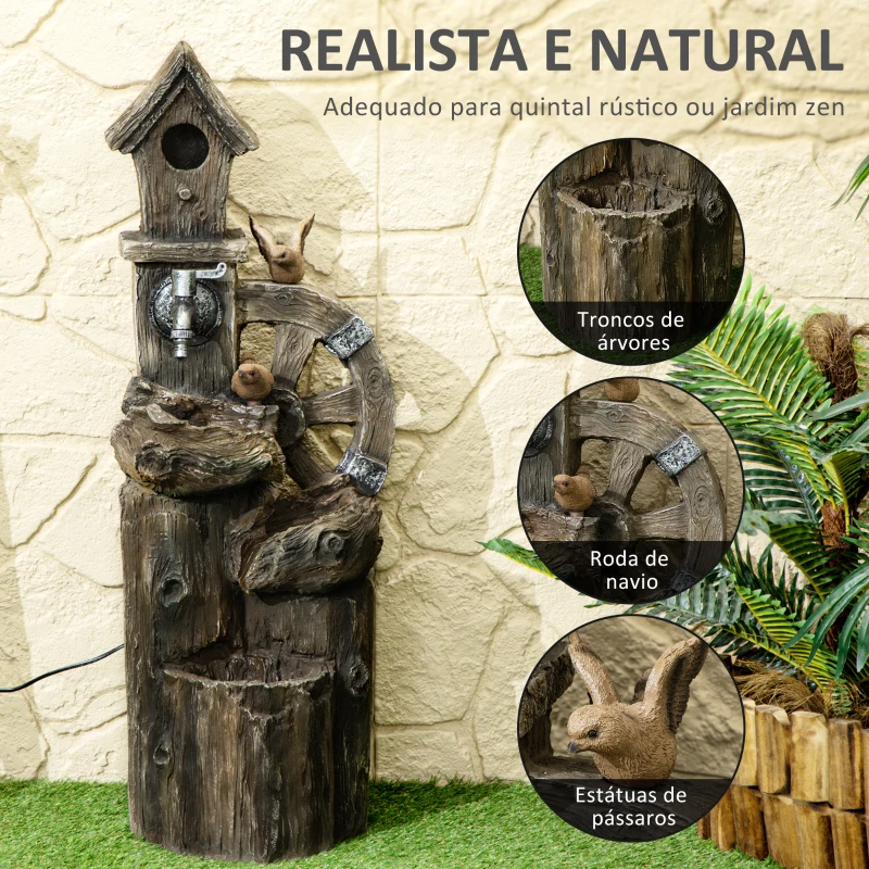 Outsunny Fonte de Jardim 2 em 1 com Casa para Pássaros Fonte de Água com Luzes LED Bomba Fonte Decorativa com Troncos de Árvore Multicor