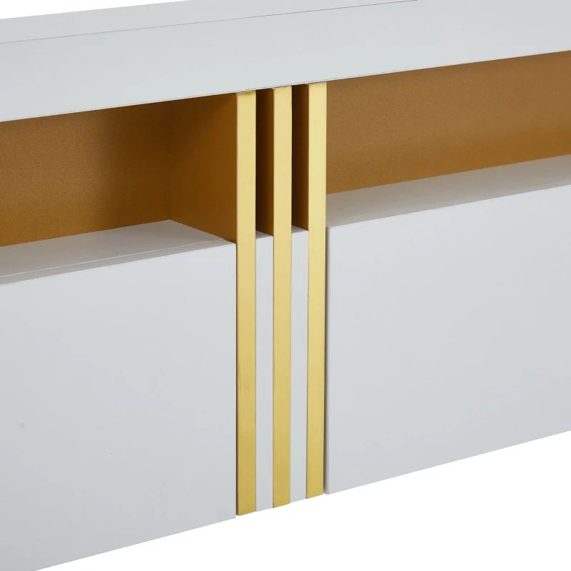 Luxury TV Stand with 3 Drawers, Faux Marble Top, and Golden Panel Design, 200L x 40W x 42H cm, White