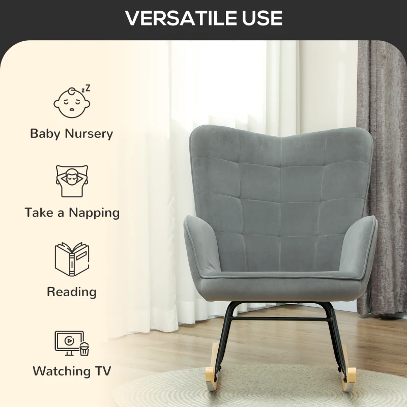 HOMCOM Vintage Rocking Chair, Curved Rockers, Thick Padding, Beechwood & Steel, Dark Gray(m-6)