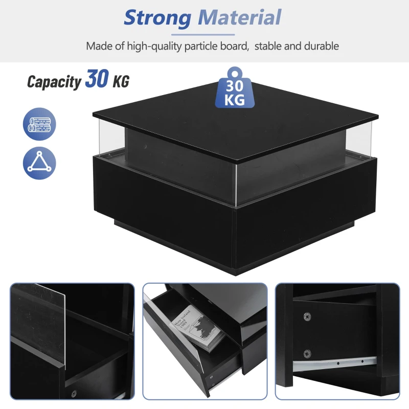 Modern LED Coffee Table with 2 Sliding Drawers and Smart App Control, Square Design, 70L x 70W x 41H cm, Black