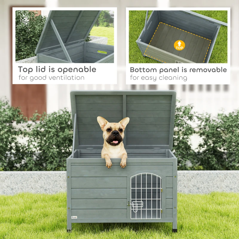 PawHut Wooden Dog House with Removable Bottom, Wire Door, Openable Top, Pet Shelter for Small Dog, 80 x 55 x 53.5cm, Grey