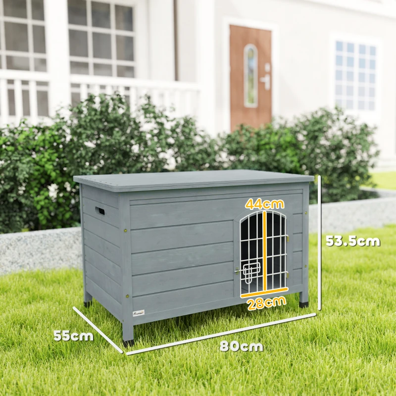 PawHut Wooden Dog House with Removable Bottom, Wire Door, Openable Top, Pet Shelter for Small Dog, 80 x 55 x 53.5cm, Grey