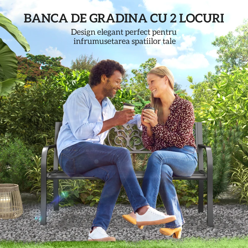 Outsunny Banca de gradina din metal cu spătar decorat, 127x60x87cm – negru