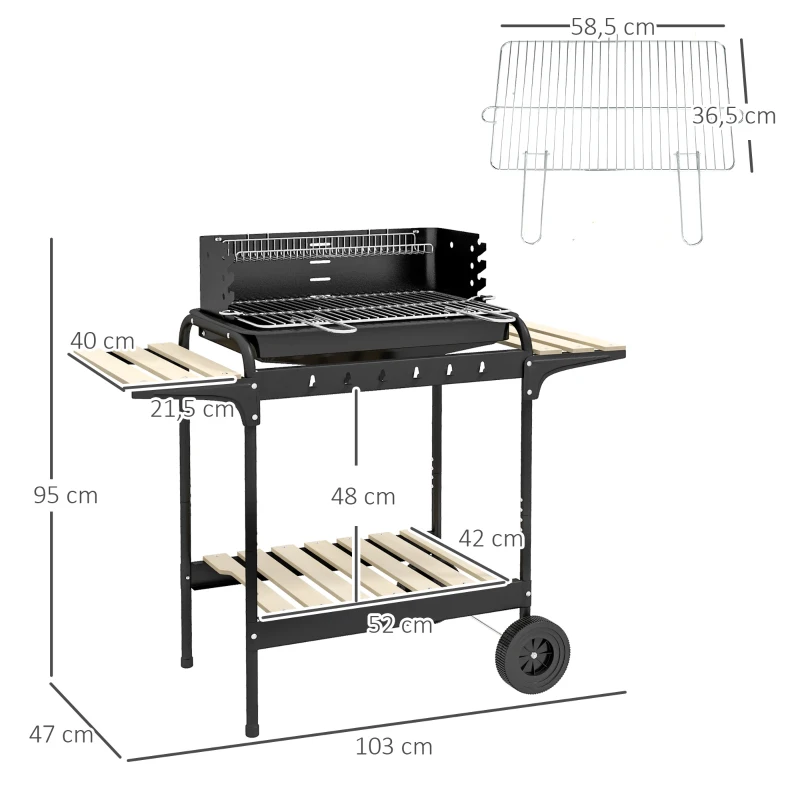 Outsunny Barbacoa de Carbón con Ruedas Parrilla Ajustable en Altura Estantes y 6 Ganchos 103x47x95 cm Negro