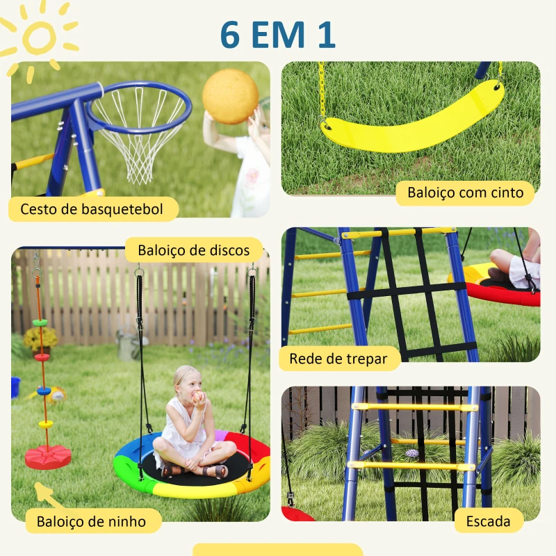 AIYAPLAY Baloiços para Crianças 6 em 1 com Baloiço Ninho Corda com Disco Rede para Escalar Escada e Aro de Basquetebol 350x183x200 cm Multicor