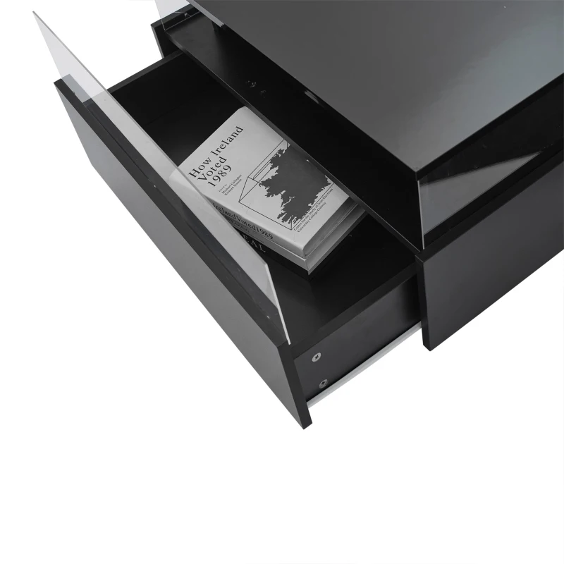 Modern LED Coffee Table with 2 Sliding Drawers and Smart App Control, Square Design, 70L x 70W x 41H cm, Black