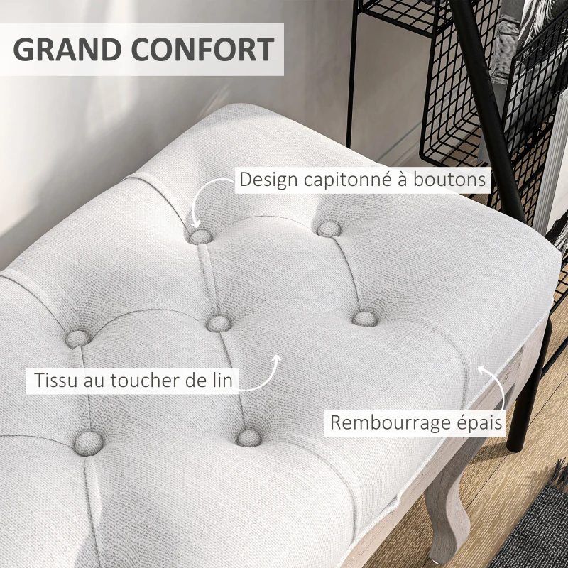HOMCOM Banc Banquette capitonnée Style Classique 110 cm Bout de lit Rembourrée en lin piètement Bois hévéa sculpté blanc crème