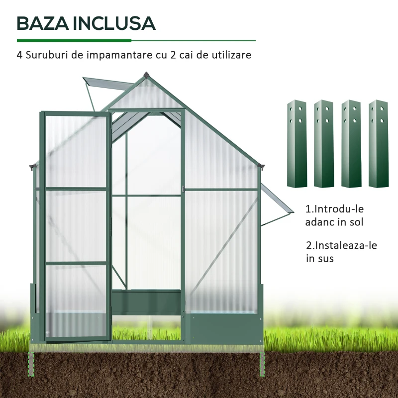 Outsunny Sera pentru Gradina din Policarbonat si Aluminiu, cu Ferestre si Vase, Baza Inclusa, 190x190x220cm