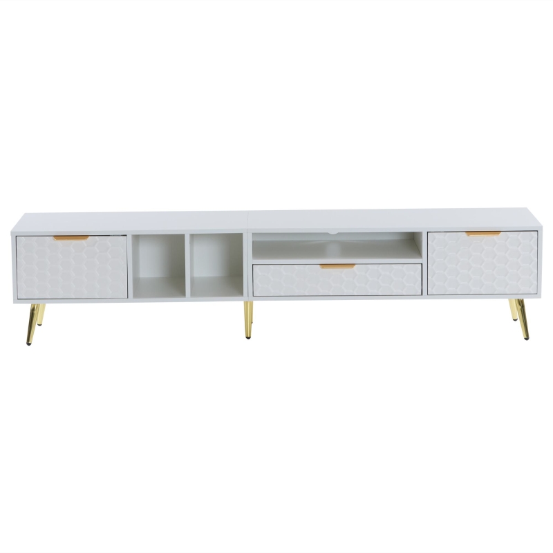 TV Stand with Storage Cabinets and Open Shelves for 80-Inch TV, Embossed Pattern Entertainment Centre, 180L x 40W x 41H cm, White