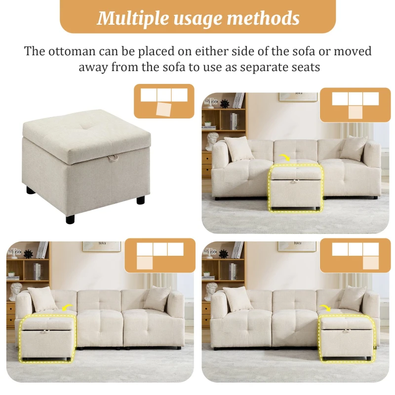 L-Shaped Sectional Sofa with Removable Storage Ottoman and 2 Pillows, Fabric Upholstery, 204L x 68W x 69H cm, Beige