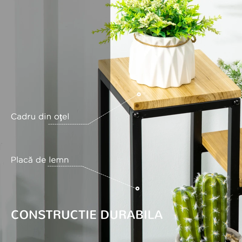 Outsunny Raft pentru Plante cu 4 niveluri din Metal și Lemn de Brad pentru Interior și Exterior, 34x34x66 cm, Natural