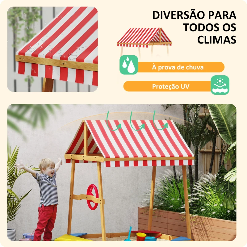 AIYAPLAY Caixa de Areia para Crianças em Forma de Barco com Toldo e Assentos Caixa de Areia para Exterior 133x101x141 cm Madeira