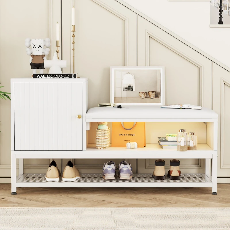 Modern Shoe Storage Bench with Padded Cushion and LED Lights, Entryway Organiser with Adjustable Shelves, 100L x 38W x 60H cm, White