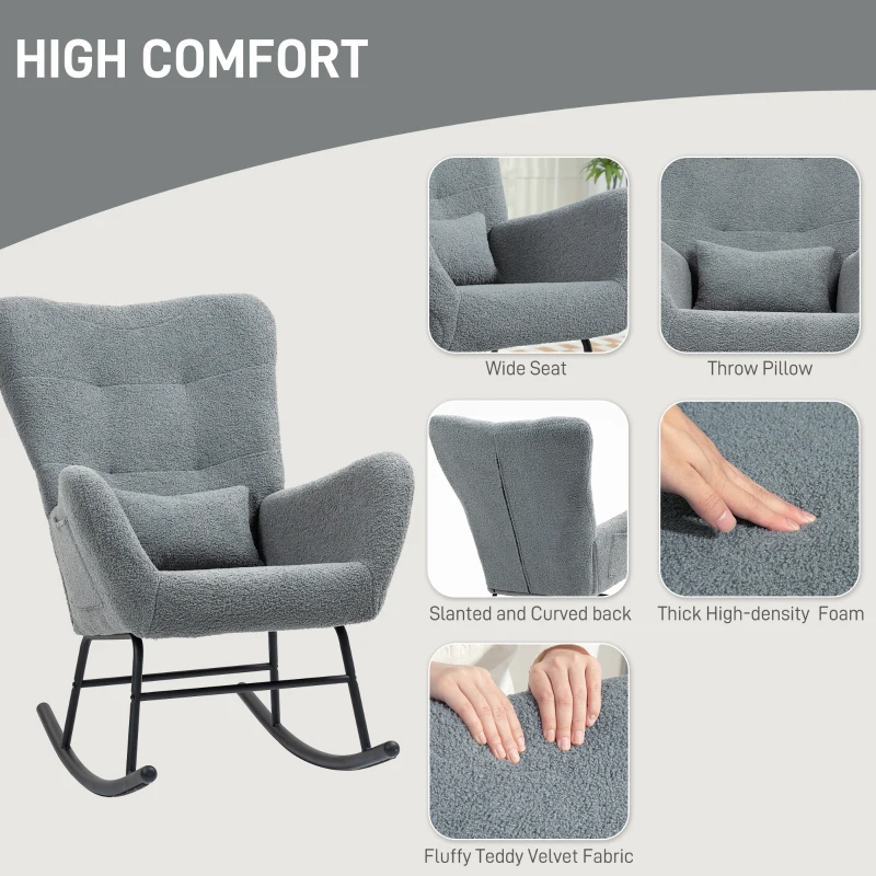 HOMCOM Rocking Chair, Fluffy Cover, Lumbar Pillow, Non-slip, Up to 120 kg, Gray