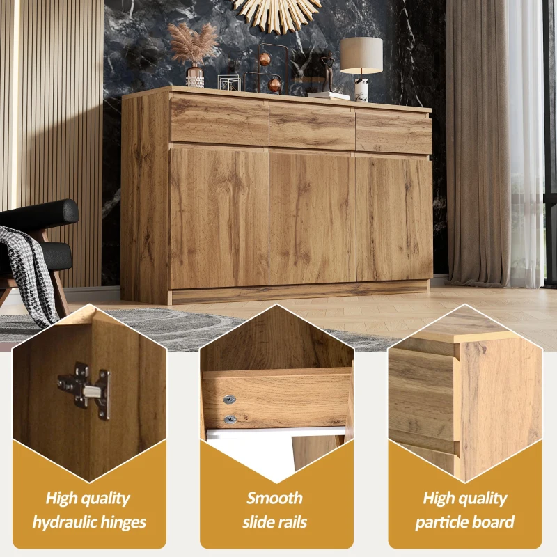 Farmhouse Oak Buffet Cabinet with 3 Drawers and Adjustable Shelves, 135L x 40W x 81H cm, Oak