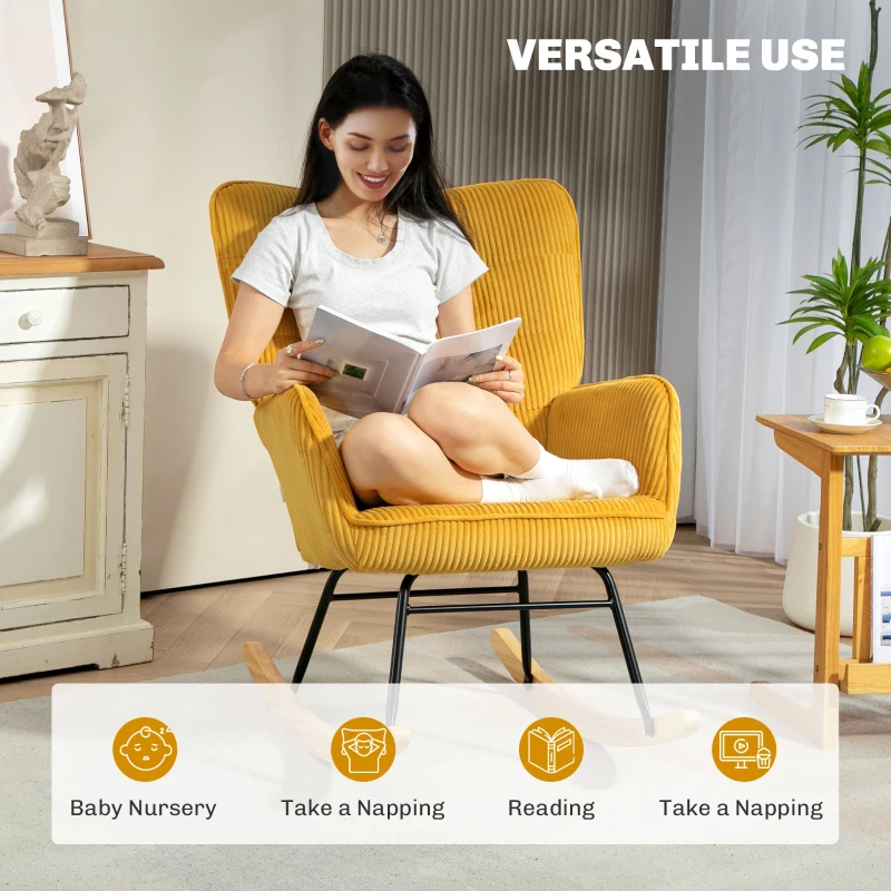 HOMCOM Vintage Rocking Chair, Curved Rockers, Thick Padding, Beech Wood & Steel, Yellow(m-6)