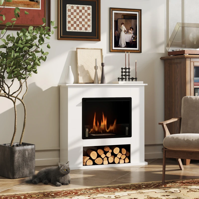 HOMCOM Camino a Bioetanolo da 0.9L con Ripiano Inferiore, in Acciaio Inox e Vetro Temperato, 86x30x82 cm, Bianco