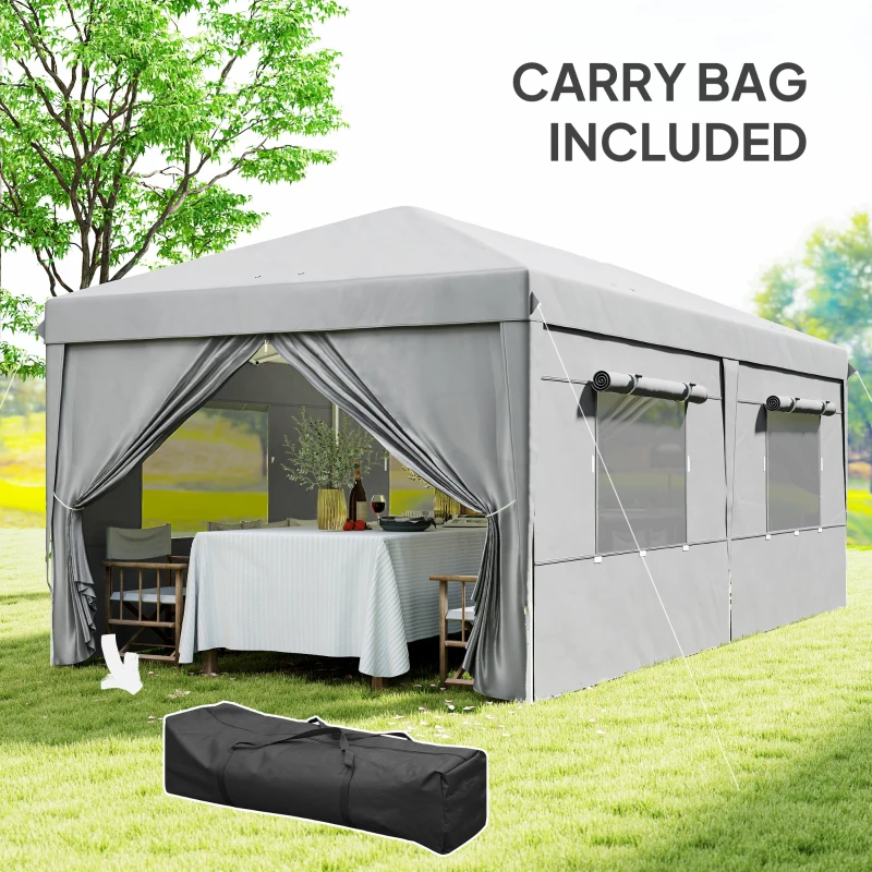 Outsunny 3 x 6 m Pop-up Pavilion with Side Panels and Carrying Bag, UPF50+ Adjustable Height Garden Tent, Light Gray