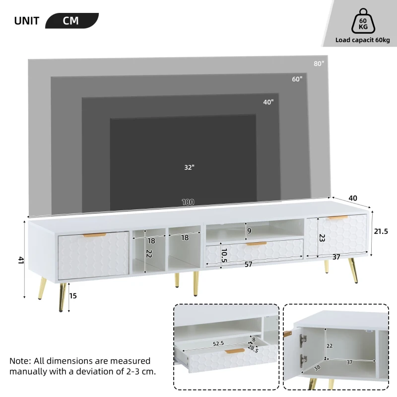 TV Stand with Storage Cabinets and Open Shelves for 80-Inch TV, Embossed Pattern Entertainment Centre, 180L x 40W x 41H cm, White