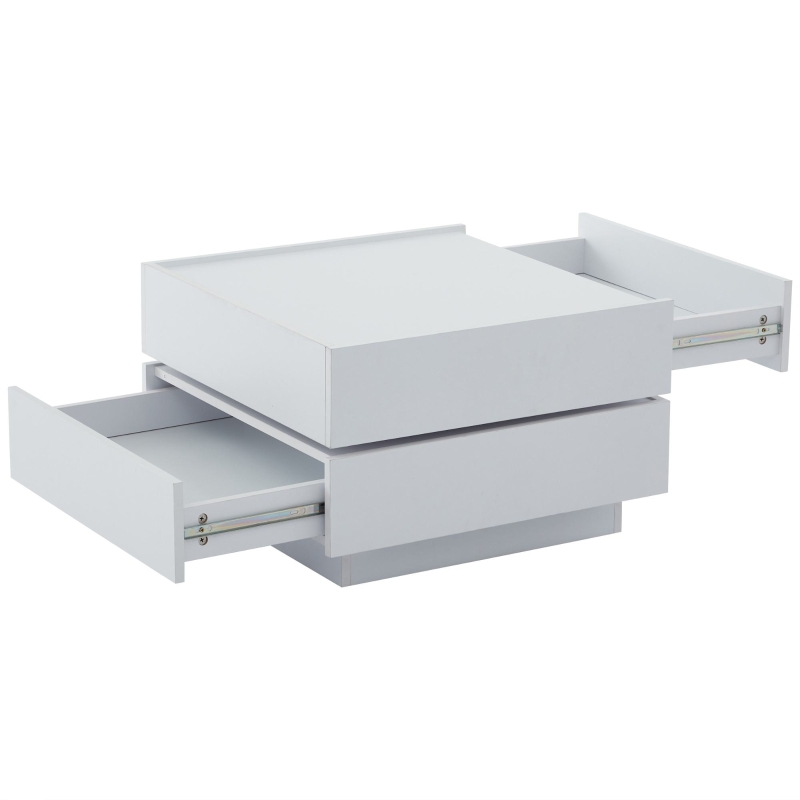 Square Rotating Coffee Table with 2 Drawers, 2-Tier Swivel Tabletop and Storage, 60L x 60W x 38H cm, White