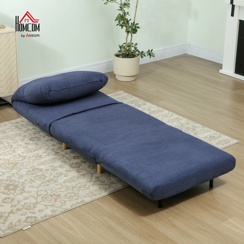 HOMCOM 2-in-1 Sleeper Chair Guest Bed, Adjustable Headrest Corduroy Fabric Blue 82 cm x 89 cm x 83 cm