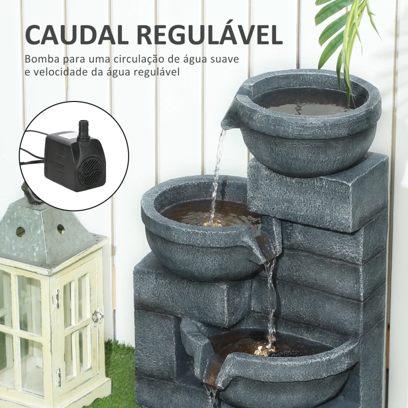 Outsunny Fonte de Jardim com Iluminação LED Fonte Decorativa em Cascata de 4 Níveis 38x35x78,5 cm Cinzenta