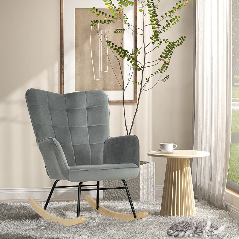 HOMCOM Vintage Rocking Chair, Curved Rockers, Thick Padding, Beechwood & Steel, Dark Gray(m-7)