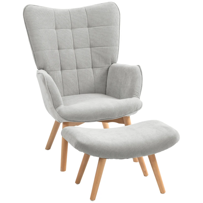 HOMCOM Accent Chair with Ottoman, Recliner in Corduroy Style, Armchair with Wooden Legs, for Living Room, Gray(m-10)