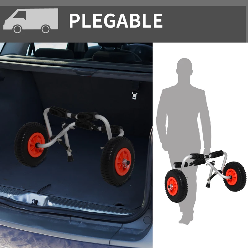 HOMCOM Carro de Transporte Plegable para Kayak Carga 75 kg Aluminio Ajuste Universal con Ruedas para Canoa Embarcación 57,5x33x24 cm Plata