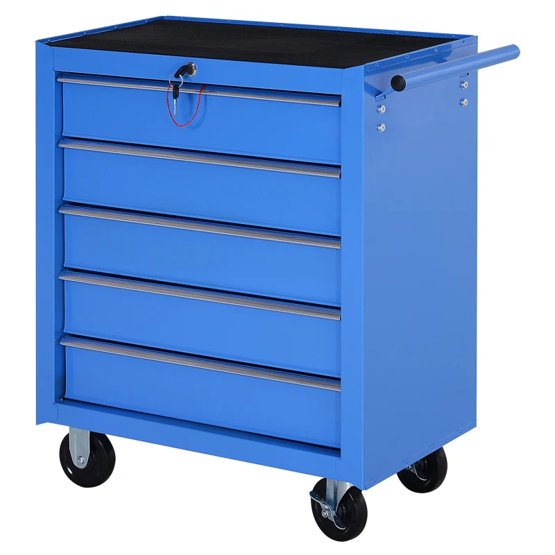 HOMCOM 5 Drawer Tool Chest on Wheels, Lockable Steel Tool Trolley with Side Handle for Workshop, Garage, Blue