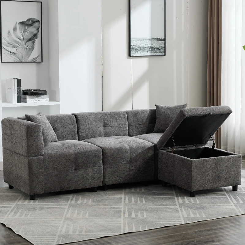L-Shaped Sectional Sofa with Removable Storage Ottoman and 2 Pillows, Fabric Upholstery, 204L x 68W x 69H cm, Grey