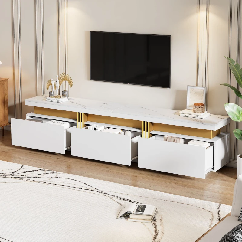Luxury TV Stand with 3 Drawers, Faux Marble Top, and Golden Panel Design, 200L x 40W x 42H cm, White