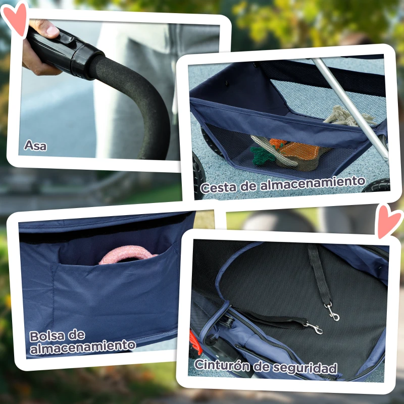 PawHut Carrito para Perros Plegable 3 en 1 con Cesta de Almacenaje Ventana de Malla y Sistema de Seguridad 76x50x102 cm Azul