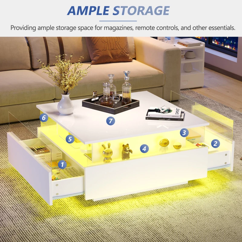 Modern LED Coffee Table with Storage and Bluetooth Control, Square Design with 2 Sliding Drawers, 70L x 70W x 41H cm, White