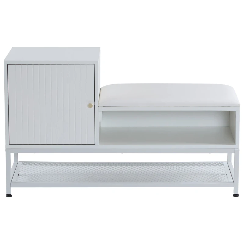 Modern Shoe Storage Bench with Padded Cushion and LED Lights, Entryway Organiser with Adjustable Shelves, 100L x 38W x 60H cm, White