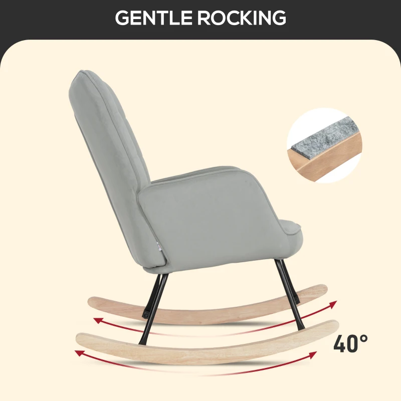 HOMCOM Rocking Chair, Thick Padding, Wide Backrest, Beech Wood/Steel Frame, Supports up to 120 kg, Light Gray(m-4)