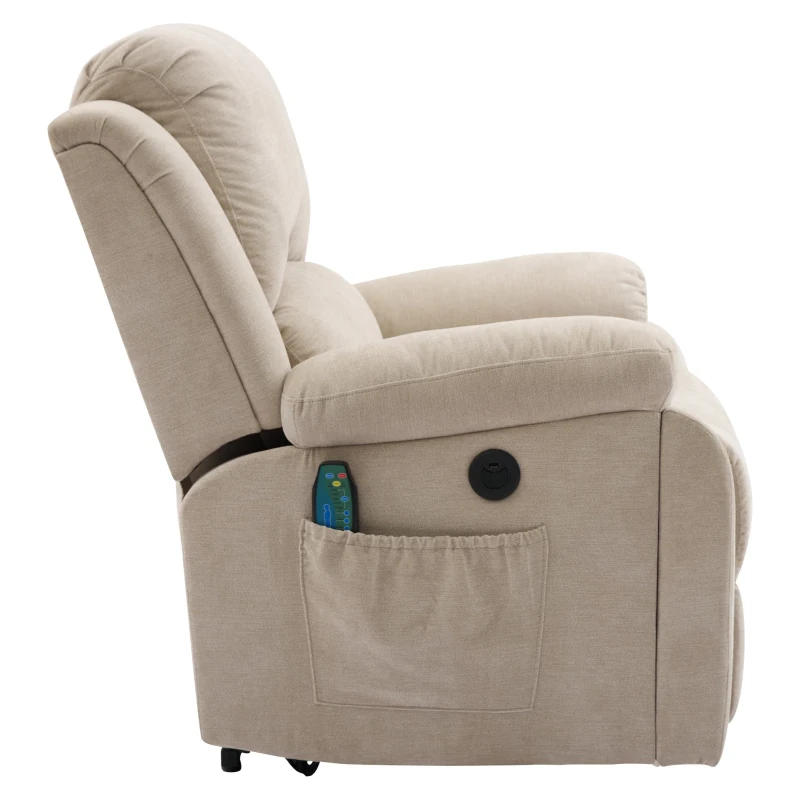 Power Massage Lift Recliner Chair with Heat and Vibration for Elderly, Fabric Sofa with Storage Pockets, Cup Holders, 90L x 94W x 101H cm, Beige