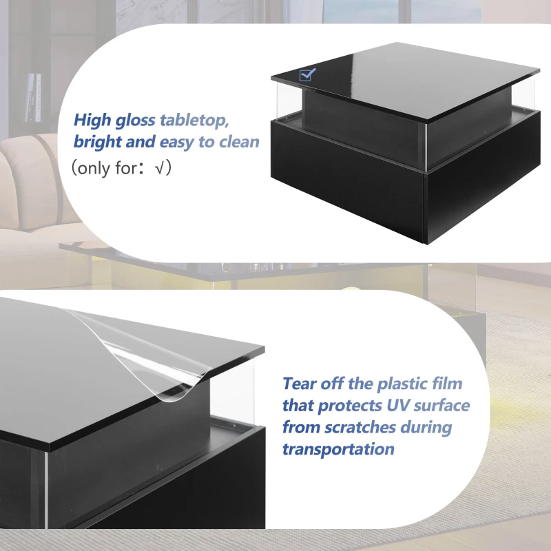 Modern LED Coffee Table with 2 Sliding Drawers and Smart App Control, Square Design, 70L x 70W x 41H cm, Black